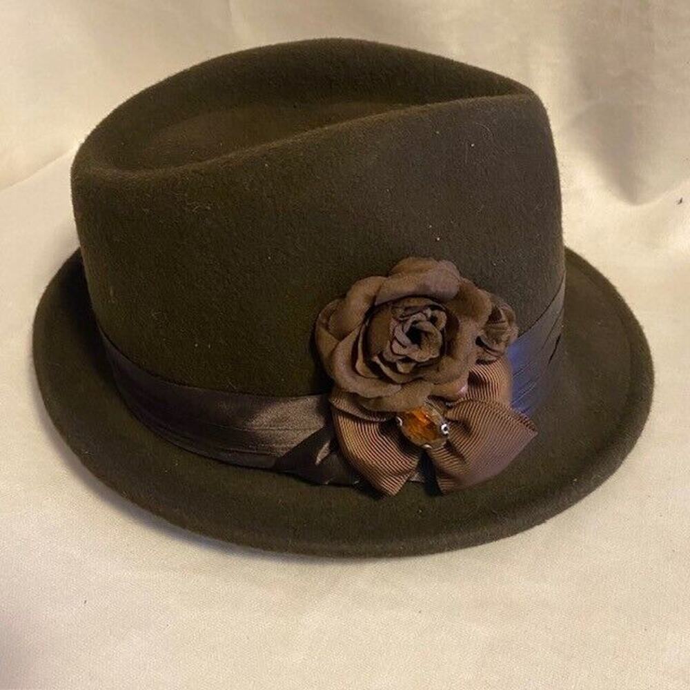 Nine West Brown Wool Hat Satin Ribbon with Flowers One Size